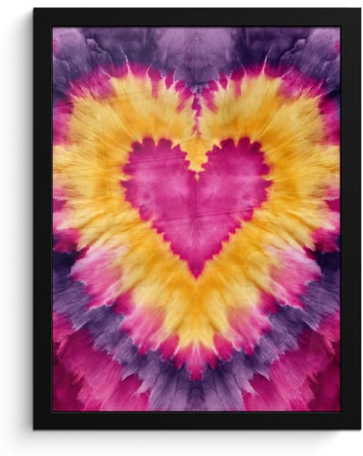 Poster in lijst - Fotolijst 30x40 cm - Posters - Tie dye - Hartvorm - Vlammen - Oranje - Posterlijst zwart - Decoratie - Wanddecoratie woonkamer - Muurdecoratie slaapkamer