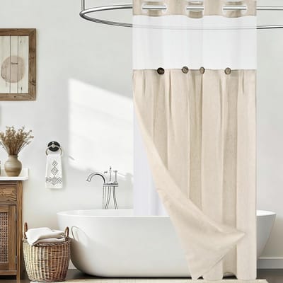 Douchegordijn 120 x 205 cm, Beige Anti-Mould Badkamer Gordijn, Wasbaar en Dubbel Laags met Gewichten en Transparante Ruit