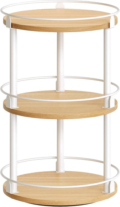 Famanu – Draaibaar kruidenrek met 3 lagen, compact opbergrek voor kruiden, rond met draaiplateau, voor aanrecht, eettafel, kaptafel en kantoor, wit en naturel