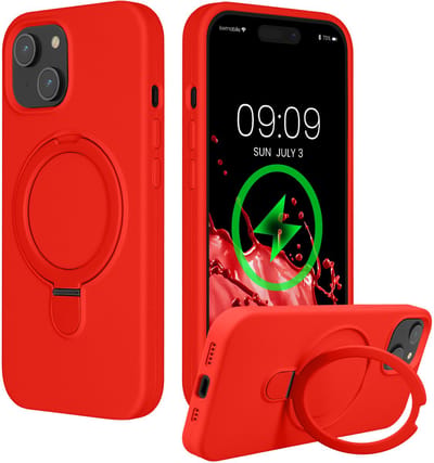 kwmobile Hoesje met Ringstandaard voor Apple iPhone 15 - Compatibel met MagSafe - Siliconen Beschermhoes met Microvezel Voering en Standaard - rood