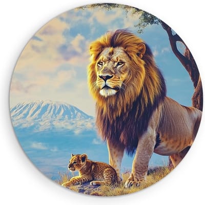 Saammp Muurcirkel Hout - Leeuw met welp en kilimanjaro - Dieren - Abstract - Ø 90 - Wandcirkel - Wanddecoratie Cirkel - Muurdecoratie Woonkamer - Slaapkamer decoratie - Rond Schilderij