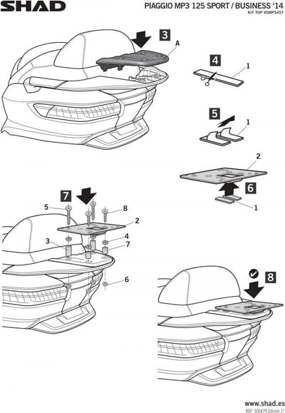 Shad top case ondersteuning voor scooter Piaggio 125 MP3 2014 tot 2017 V0MP54ST Gloednieuw
