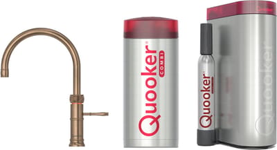 Quooker Classic Fusion Round messing patina met COMBI boiler en CUBE reservoir 5-in-1 kokend water kraan