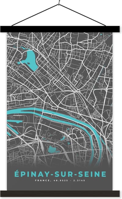 Posterhanger incl. Poster 40x60 cm - Schoolplaat - Frankrijk – Épinay-sur-Seine – Stadskaart – Plattegrond – Kaart - Textielposter - Zwarte latten - Stadskaart