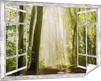 Gards Tuinposter Doorkijk Bos met Bomen en Zonneschijn - 150x100 cm - Tuindoek - Tuindecoratie - Wanddecoratie buiten - Tuinschilderij
