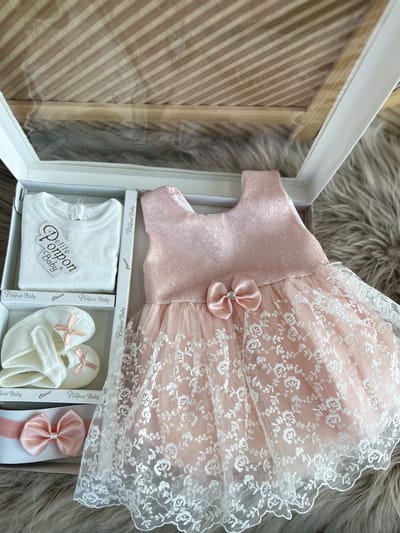 luxe feestjurk-bruidsjurk-Baby jurk-tule jurk-doopjurk -doopkleedje-onderhemd-haarband-schoentjes- new born-geschenkset -geschenkdoos-kraamcadeau-fotoshoot newborn-doopsel-4 delige set- lichzalm kleur-bloemenmotief-maat 56/62 (0 tem 4 maanden)