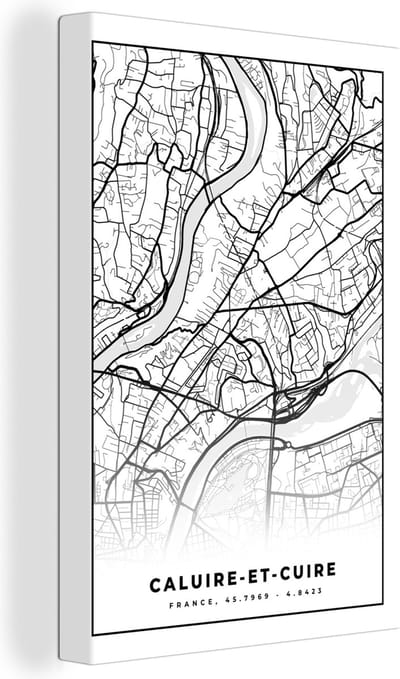 Canvas Schilderij Stadskaart - Plattegrond - Kaart - Frankrijk - Caluire-et-Cuire - Zwart wit - 20x30 cm - Wanddecoratie