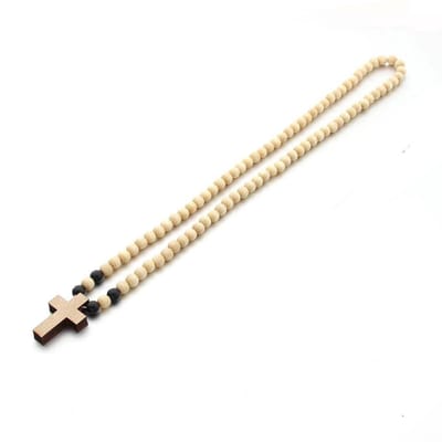 Sorprese Ketting Heren - Lichte Houten Kralen met Houten Kruis - 65 cm - 8 mm - Perfect Cadeau - Model W