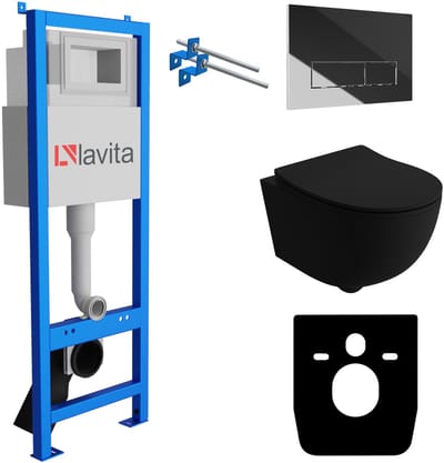 LAVITA® Inbouwreservoir Complete Toiletset LAV 101 - Inbouw WC Hangtoilet Wandcloset BRAVA BLACK Zwart Mat - Bedieningsplaat 200.3.2 Chroom - Voorwandelement voor toilet 40cm - Installatiesysteem