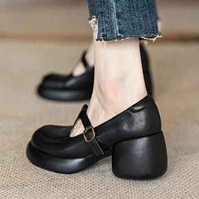 Chaussures basses à semelles épaisses pour femmes, mocassins rétro à talons épais et à tête ronde, talons hauts et doux, printemps et automne 40 noir
