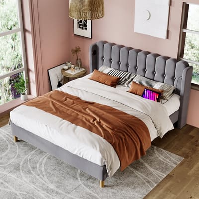 Sweiko Tweepersoonsbed 180 x 200 cm - USB/Type-C - Gestoffeerd bed - Linnen - Grijs