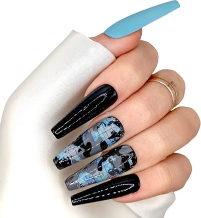 SD Press on Nails - B-194 - Plaknagels met nagellijm - XL Coffin - Blauw Zwart Camo - Set 20 Nagels - Cosplay - Nepnagels - Valse Nagels - Extreem lange nageltips - Nail Art - Handgemaakt - Zwarte Nagels