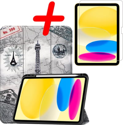 Hoesje Geschikt voor Apple iPad 10 (2022) - 10.9 inch - 10e Generatie - Met Screenprotector - Trifold Bookcase - Hard Cover Case - Met Uitsparing Geschikt voor Apple Pencil - Hardcover Book - Tablet Hoes - Eiffeltoren