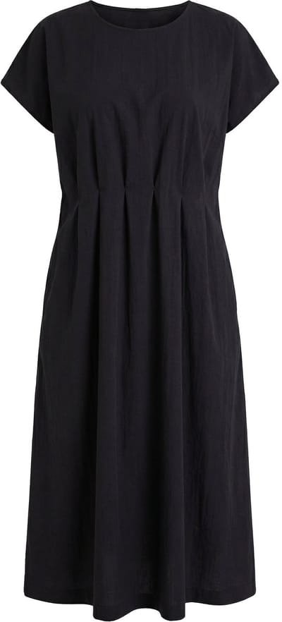 Ulla Popken - Dames - Maxi-jurk decoratieve plooitjes getailleerd ronde hals - Zwart - Maat 46+