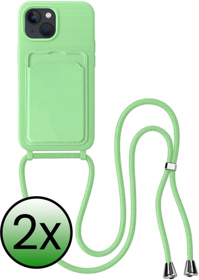 Hoes Geschikt voor iPhone 13 Hoesje Pas Houder Case Hoes Met Koord - Hoesje Geschikt voor iPhone 13 Hoes Met Telefoonkoord Pasjeshouder Cover - Groen - 2 Stuks
