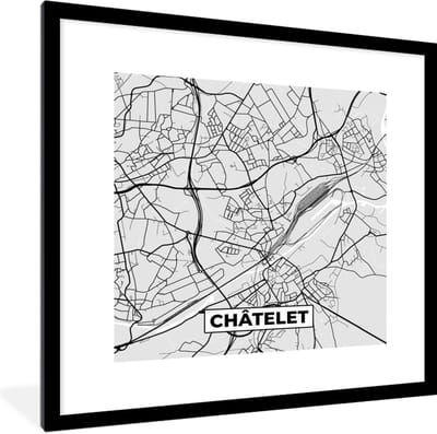 Fotolijst incl. Poster Zwart Wit- Zwart Wit – België – Plattegrond – Stadskaart – Kaart – Châtelet - 40x40 cm - Posterlijst