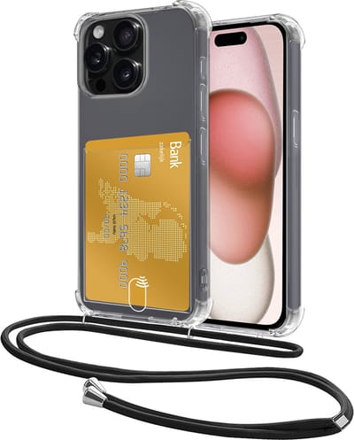 Hoes Geschikt voor Apple iPhone 15 Pro Hoesje Pasjeshouder Cover Met Koord Shock Proof Case Siliconen Hoes Met Telefoonkoord en Kaarthouder - Transparant