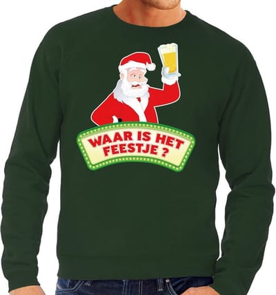 Foute kersttrui / sweater voor heren - groen - Dronken Kerstman met biertje S