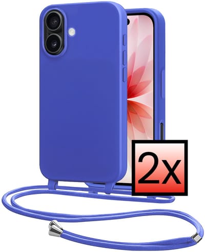 Hoes Geschikt voor iPhone 17 Met Telefoonkoord - Siliconen Hoesje Backcover Met Ketting - Felblauw - 2 PACK
