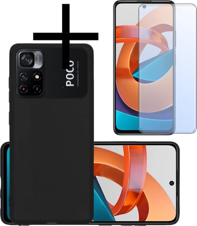 Hoesje - Met Screenprotector - Geschikt voor Xiaomi Poco M4 Pro 5G - Sterk & Shockproof - Back Cover - Siliconen Case - Telefoon Hoes - Zwart
