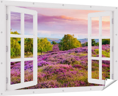 Gards Tuinposter Doorkijk Paarse Weide - 180x120 cm - Tuindoek - Tuindecoratie - Wanddecoratie buiten - Tuinschilderij