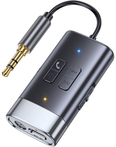 2-in-1 Bluetooth 5.4 Audio Adapter - 3.5mm AUX Zender en Ontvanger - TF Kaart - RX en TX - 9 uur - USB-C - grijs
