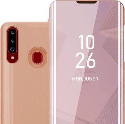 Cadorabo Hoesje geschikt voor Samsung Galaxy A20s in KUNZIET ROZE - Clear View Spiegel Beschermende Case met Tribunefunctie 360 Graden Bescherming Book Case Cover Etui