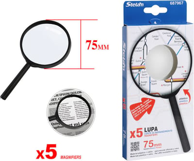 Decopatent - Loep Vergrootglas 75mm - 5x Vergroting - Handloep voor ouderen - Vergrootglas voor Kinderen en Volwassenen - Stelam Leesloep Magnifier - Kleur: Zwart