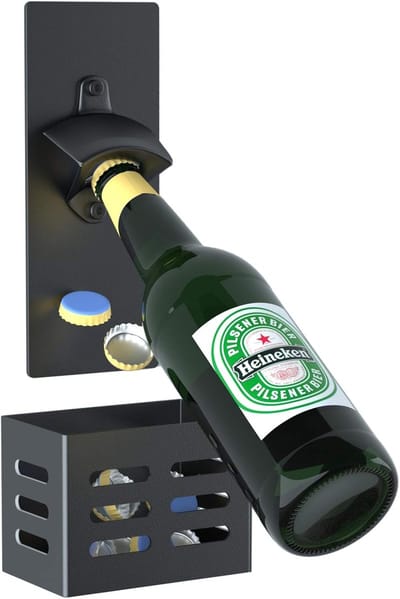 SnelShoppen - LEcylankEr Wandmontage Flesopener Staal Bierflesopener met Magnetische Dopvanger voor Thuis, Terras, Garage - Zwart Bar Accessoires