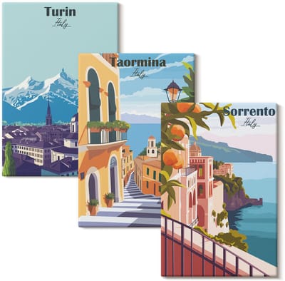 Wallfluent Set van canvas schilderijen - Kleurrijke, retro-stijl illustratieve stadsgezichten Canvas Schilderijen Set - set 3 stuks 20x30 cm - Veelkleurig Set van Canvas Prints - Steden Canvas Kunst Set - Boheemse Canvas Kunst Set