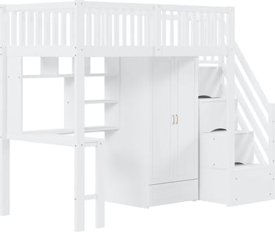 Stapelbed - 90 x 200 cm - Kledingkast Bureau Trap Met Lades Ruimtebesparend - Grenenhout MDF - Wit