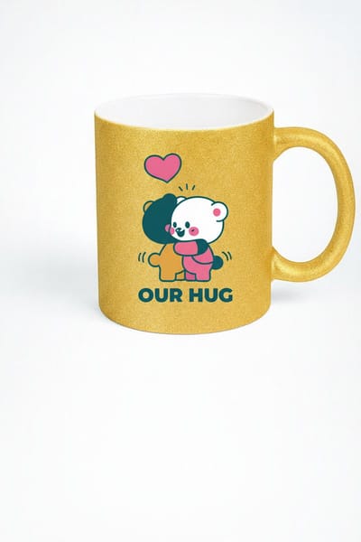 Gouden Glitter Mok 'Our Hug' met Knuffelende Beren - Liefdevol Valentijnscadeau & Uniek Geschenk