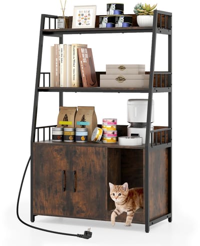 COSTWAY Kattenkast met boekenkast, laadstation, 3 niveaus, krabmat en ingang, kattenbakkast voor kattentoilet, kattenhuis voor katten, honden, huisdieren, kattenmeubel binnen, 80 x 40 x 132 cm, bruin