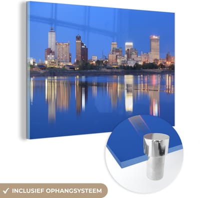 ® Glasschilderij 180x120 cm - Schilderij acrylglas - Skyline - Memphis - Nacht - Foto op glas - Muurdecoratie woonkamer - Wanddecoratie slaapkamer - Schilderijen