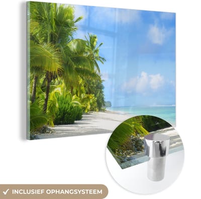MuchoWow® Glasschilderij 60x40 cm - Schilderij acrylglas - Palmboom - Tropisch - Eiland - Foto op glas - Schilderijen