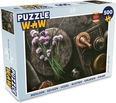 Puzzel Bieslook - Keuken - Vijzel - Rustiek - Kruiden - Paars - Legpuzzel - Puzzel 500 stukjes