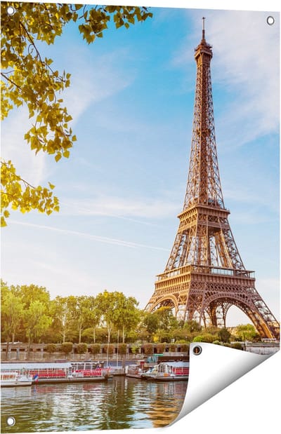 Gards Tuinposter Eiffeltoren in Parijs aan het Water - 60x80 cm - Tuindoek - Tuindecoratie - Wanddecoratie buiten - Tuinschilderij