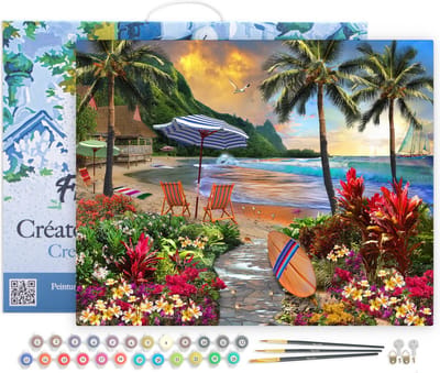 Figured'Art Schilderen op Nummer Volwassenen met lijst - Onder de kokospalmen - Handwerk acrylverf Kit DIY Compleet - 40x50cm Canvas al ingelijst