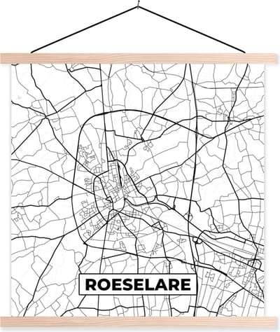 Posterhanger incl. Poster 40x40 cm - Schoolplaat - Stadskaart – Zwart Wit - Kaart – Roeselare – België – Plattegrond - Textielposter - Blanke latten - Stadskaart