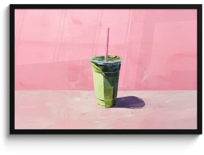 Poster in lijst - Fotolijst 90x60 cm - Posters - Beker - Rietje - Minimalistisch - Groen - Posterlijst zwart - Decoratie - Wanddecoratie woonkamer - Muurdecoratie slaapkamer