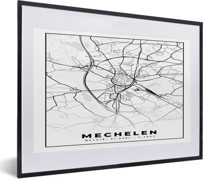 Fotolijst incl. Poster Zwart Wit- België – Mechelen – Stadskaart – Kaart – Zwart Wit – Plattegrond - 40x30 cm - Posterlijst