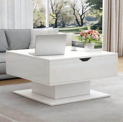DESMIU Salontafel - Verstelbare Hoogglans Tafel Met LED En Verborgen Opbergruimte - Voor Woonkamer En Thuiswerken - Spaanplaat - Wit - 80x75x40 Cm