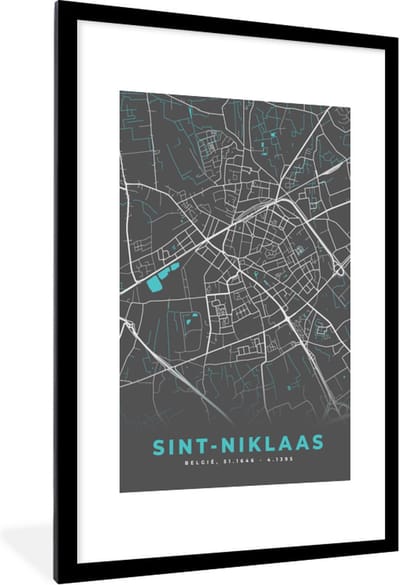 Fotolijst incl. Poster - België – Sint Niklaas – Stadskaart – Kaart – Blauw – Plattegrond - 80x120 cm - Posterlijst