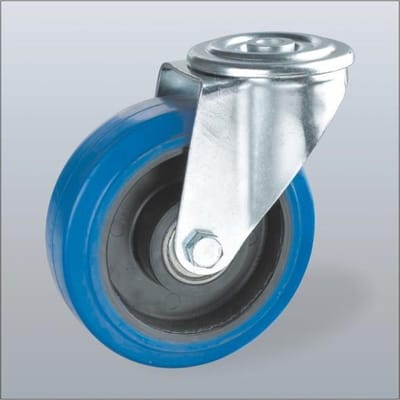 Blauw elastisch rubber zwenkwiel met centraal gat - 100mm - 130kg