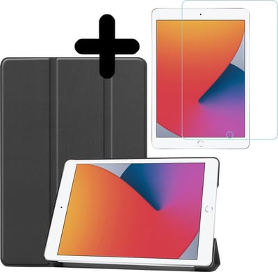 Hoesje - Geschikt voor Apple iPad 8 (2020) - 10.2 inch - 8e Generatie - Met Screenprotector - Hardcover Book Case - Trifold Bookcase Hoes - Hard Cover - Tablethoes - Zwart