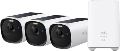 eufy Security eufyCam E40 3-Cam Set (HomeBase 2), draadloze outdoor beveiligingscamera met zonne-energie, 2K-resolutie met ingebouwd zonnepaneel, MaxColor nachtzicht, uitbreidbare lokale opslag, geen maandelijkse kosten