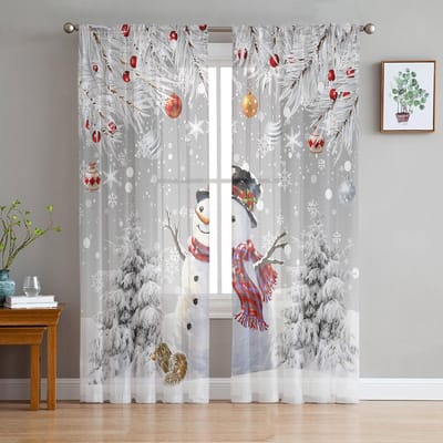 Kerst Zilverspar Bladeren Sneeuwpop Transparante Gordijnen voor Woonkamer Decoratie Raamgordijnen Keuken Tule Voile Gordijnen W135 x H115cm x1 gray