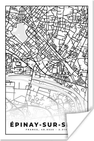 Poster Stadskaart - Plattegrond - Kaart - Frankrijk - Épinay-sur-Seine - Zwart wit - 120x180 cm XXL