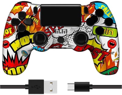 NAXSIR Draadloze PS4 Controller met Opvallend Comic Design – Bluetooth Gamepad met Explosieve Kleuren, Micro-USB Aansluiting, Oplaadbare Batterij​