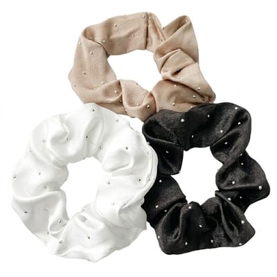 Zwart wit beige scrunchies dames haarbanden set met strass steentjes satijnlook elastiek haar accessoires voor paardenstaart knot opsteek kapsel 3 delige set